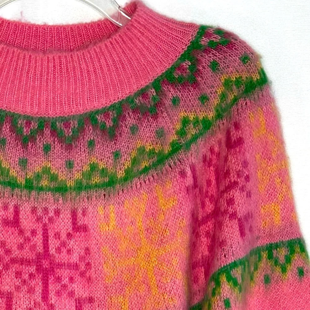 Cotton On Crew Neck Sweater Fair Isle Print Pink Green Boho Barbie Coquette Sz L - Picture 7 of 7